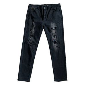 Waimea Men's Skinny Fit Distressed Thrashed Patch Rocker Jeans Black 38‎